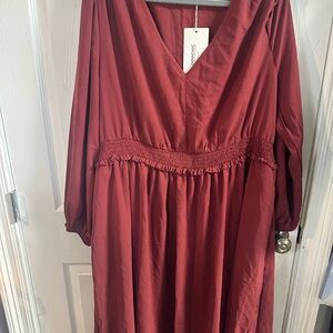 BloomChic Red Bishop Sleeve V-Neck Dress